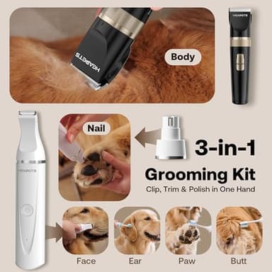 HEAPETS Dog Hair Clippers for Grooming Kit and Dog Paw Trimmer Nail Grinder for Grooming, Low Noise Rechargeable Cordless, Shaver Grooming Supplies for Pet Cats Dogs (Black, White) - Image 2