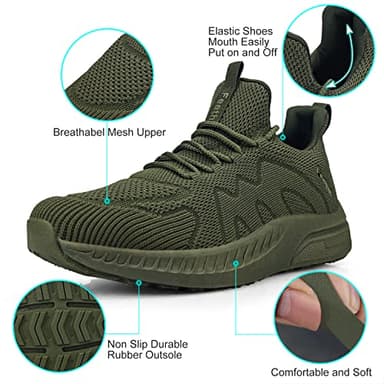 Feethit Mens Work Shoes Non Slip Walking Running Shoes Casual Slip on Tennis Sneakers Army Green 9 - Image 2