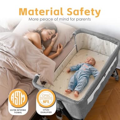 venowu Bedside Crib, 3 in 1 Bassinet with Quick Height Adjustment and Mosquito Nets Rocking Bassinet for Baby, Bedside Bassinet with Wheels, Easy to Fold, Golden Triangle Structure（Grey） - Image 2