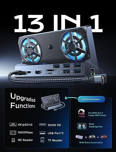 LISEN 10-IN-1 Docking Station for Steam Deck OLED&ROG Ally X&Legion Go, Dual Cooling Fan 5 USB Ports and 4K@60Hz, 100W Charging Port Support ROG Ally 30W Mode, Gigabit Ethernet Fit for Steam Deck OLED - Image 3