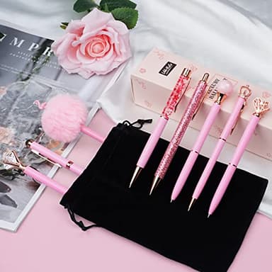 WEMATE 8Pcs Ballpoint Pens Set Metal Crystal Diamond Glitter for Journaling Pink Pen Bling in Black & Blue Ink Pretty Cute Fancy Mothers Day Gift for Women Wedding School Office Desk(Pink) - Image 2