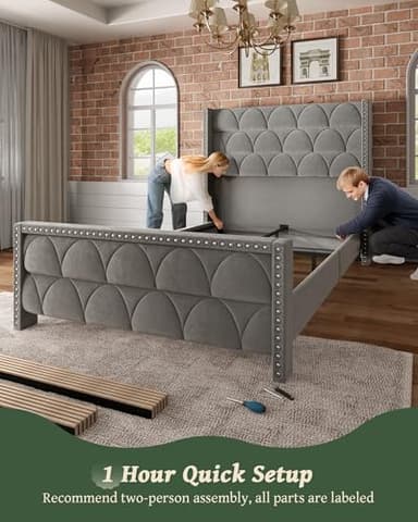 OHOHOLIVE Queen Size Bed Frame with 56" Headboard - 1000LBS Capacity Support, Velvet Upholstered Wingback Platform Bed Frame, Noise Free, Sturdy Wooden Slat Support - Image 7