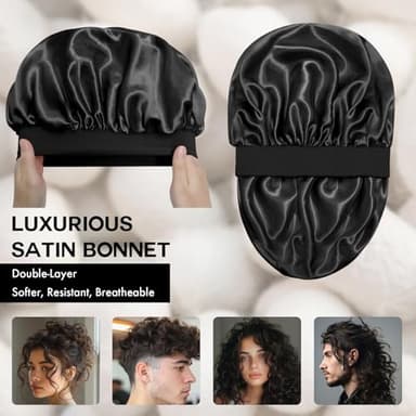 Doitory Satin Silk Bonnet for Sleeping, Double Layer Silk Sleep Cap for Men & Women, Soft Satin Lined Bonnet for Natural & Curly Hair(Black) - Image 2