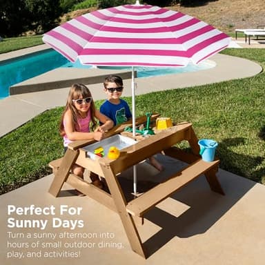Best Choice Products Kids 3-in-1 Sand & Water Table, Wood Outdoor Convertible Picnic Table w/Umbrella, 2 Trays, Removable Top, 220lb Capacity Per Bench - Natural/Dark Pink - Image 2