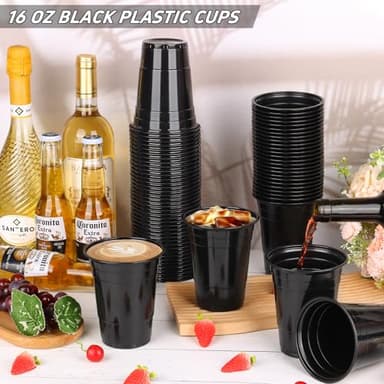 Dualshine 100 Pack Black Plastic Cups 16 oz, Disposable Cups for Party, Heavy Duty Drinking Cups, Halloween Cup for Wedding Birthday Beer Taste Serving Snack Sample Tastings Barbecues Picnic - Image 2