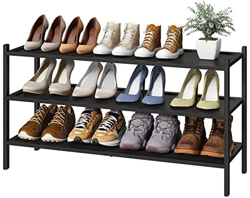 kiplant Black Long Shoe Rack, 3-Tier Bamboo Wood Shoe Rack for Entryway, Stackable | Foldable | Natural, Shoe Organizer for Hallway Closet, Free Standing Shoe Racks for Indoor Outdoor - Image 1