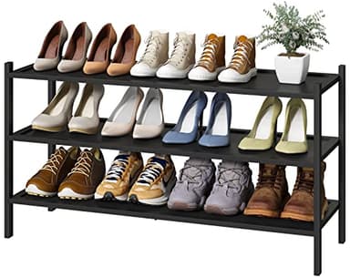 kiplant Black Long Shoe Rack, 3-Tier Bamboo Wood Shoe Rack for Entryway, Stackable | Foldable | Natural, Shoe Organizer for Hallway Closet, Free Standing Shoe Racks for Indoor Outdoor - Image 1