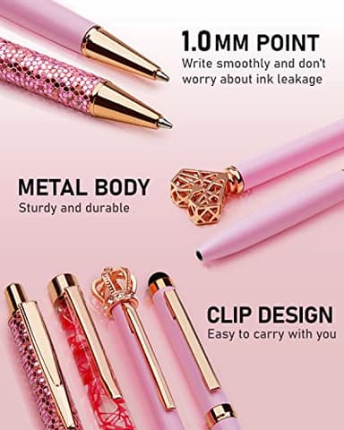 WEMATE 8Pcs Ballpoint Pens Set Metal Crystal Diamond Glitter for Journaling Pink Pen Bling in Black & Blue Ink Pretty Cute Fancy Mothers Day Gift for Women Wedding School Office Desk(Pink) - Image 5