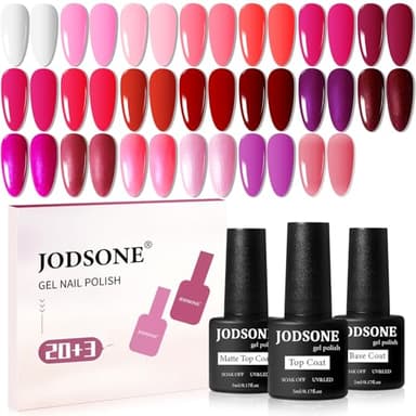 JODSONE 23 PCS Glitter Gel Polish with Soak off Base Coat Matte and Glossy Top Coat Glitter Red Pink Color High Shine and Fashion Gel Nail Polish Kit - Image 1