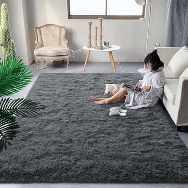 DweIke Fluffy Dark Grey 3x5 Area Rugs for Bedroom Living Room, Soft Plush Shaggy Deep Gray Girls Boys Kids Rug, Non-Slip and Machine Washable Carpet for Dorm Nursery Classroom Decor - Image 2