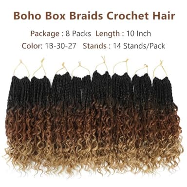 8 Packs Crochet Box Braids-10 Inch Boho Box Braids Crochet Braids Hair Bohomian Box Braid Crochet Hair Synthetic Braiding Hair Goddess Box Braids Crochet Hair for Black Women (1B/30/27) - Image 6