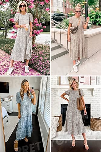 PRETTYGARDEN Summer Dresses for Women 2025 Casual Floral Boho Midi Sun Dress Puff Short Sleeve Flowy Beach Vacation Sundress (Blue Apricot,Small) - Image 6