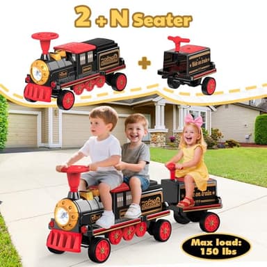 ANPABO 2-Seater Ride On Train Trackless, 12V Kids Car with Height-Adjustable Seat, Extra Storage, Headlight, Train Whistle & Music, Electric Car for Kids 3+ (Carriage Not Included), Red - Image 3