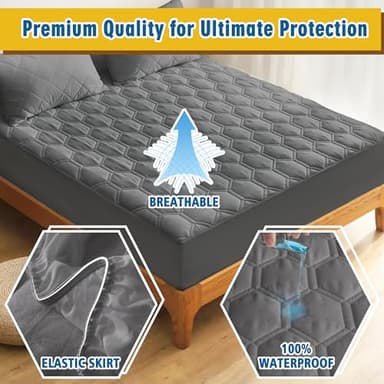 Lunsing Queen Size Mattress Protector, Waterproof Breathable Soft Queen Mattress Pad Cover, Machine Washable, 6-18 in Deep Pocket, Grey - Image 3