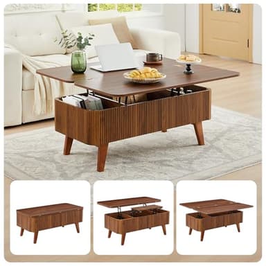 3 in 1 Lift Top Coffee Table, Fluted Convertible Coffee Tables Converts to Dining Tables, Modern Oval Wooden Center Table with Storage for Living Room Office Small Space, Partial Assembly (Walnut) - Image 3