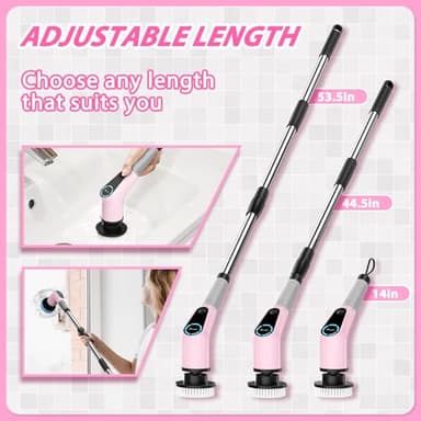 Electric Spin Scrubber, Cordless Cleaning Brush, Shower Scrubber with 8 Replaceable Brush Head, Power Cleaning Brush with Extension Handle, 2 Adjustable Speed, for Bathtub Tile Floor (Pink) - Image 4
