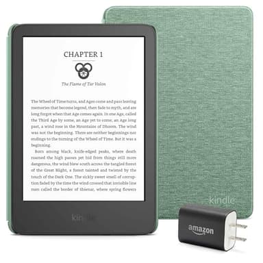 Kindle Essentials Bundle including Kindle (2024 release) - Black, Fabric Cover - Matcha, and Power Adapter