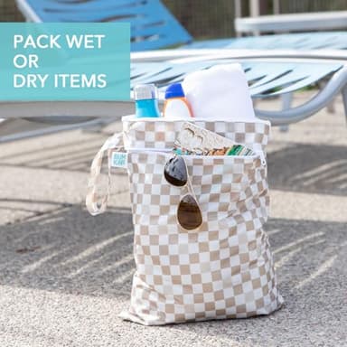 Bumkins Waterproof Wet Dry Bag for Baby, Travel, Swim Suit, Cloth Diapers, Pump Parts, Pool, Beach, Gym Clothes, Toiletry, Hook to Stroller, Daycare, Zipper Reusable Wetdry Packing Pouch, Beige Check - Image 3