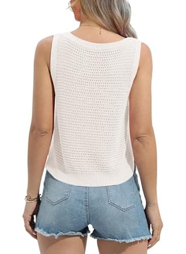 FISACE Womens Summer Knit Sweater Tank Tops Round Neck Crochet Hollow Out Sleeveless Casual Crop Shirt White - Image 2