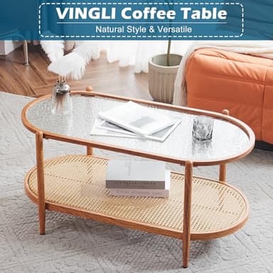 VINGLI 38" Rattan Oval Coffee Table, Water-Wave Glass Metal Center Table, Modern Coffee Table with 2-Tier Storage, Farmhouse Coffee Table for Living Room and Small Space, Natural Vibe - Image 6