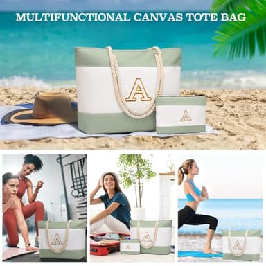 Becokan Initial Beach Bag Waterproof Canvas Beach Tote Bag Zipper Personalized Gifts for Women Her Birthday Travel Essentials (A, Light Green 2 pcs) - Image 7