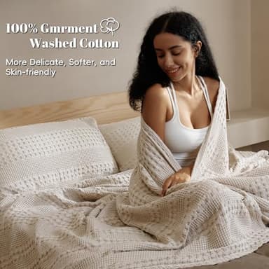 PHF 100% Cotton Waffle Weave Blanket Queen Size for Bed, Soft Lightweight & Breathable, All-Season Comfort, Luxury Aesthetic Woven Bedding for Home Decor, 90"x90", Oatmeal - Image 2