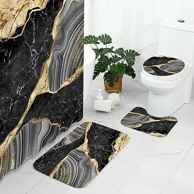 Gibelle 4 Pcs Marble Shower Curtain Set with Non-Slip Rugs, Toilet Lid Cover and Bath Mat, Luxury Black Grey Bathroom Decor Set with Shower Curtain and Rugs and Accessories - Image 2