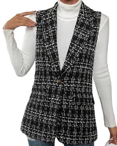 Mina Self Tweed Blazers for Women Sleeveless Tweed Plaid Vest White Vests Blazers for Business Casual Fashion Fall Winter Clothes for 2025 P/HS-M - Image 3