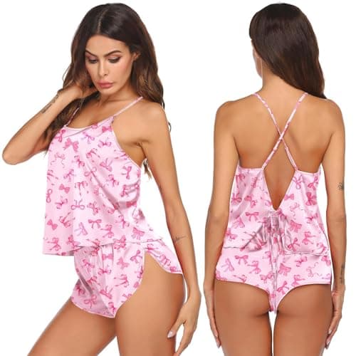 Ekouaer Silk Pajama Sets Satin 2 Piece Backless Lingerie Sleepwear Set Satin Cami Pj Shorts Set Pink Bow Nightwear for Women - Image 1
