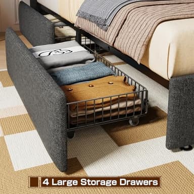 Driftalia Full Size Bed Frame with 4 Storage Drawers, Upholstered Full Bed Frame with LED Lights Headboard and Charging Station, No Box Spring Needed, Easy Assembly - Dark Grey - Image 5