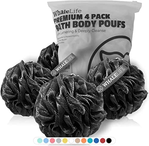 Shower Puff 4 Pack Black Bath Sponge Shower Loofahs Pouf Ball Nature Bamboo Charcoal Mesh Bulk Puffs Large, Shower Essential Skin Care by WhaleLife - Image 1