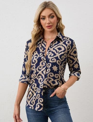 BBIBBI Womens Dressy Tops Long Sleeve Button Up Shirt Blusas Casuales De Mujer Bonitas Work Blouses for Women Blue Pattern1 M - Image 2