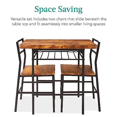 Best Choice Products 3-Piece Modern Dining Set, Space Saving Dinette for Kitchen, Dining Room, Small Space w/Steel Frame, Built-in Storage Rack - Medium Brown/Black - Image 3
