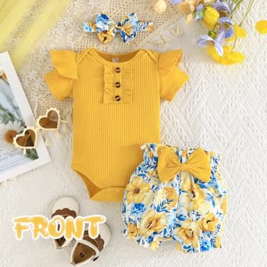 GDTOGRT Baby Girl Clothes 12-18 Months Newborn Infant Outfit Ruffle Romper Short Pants Clothing Sets for Summer Spring - Yellow - Image 2
