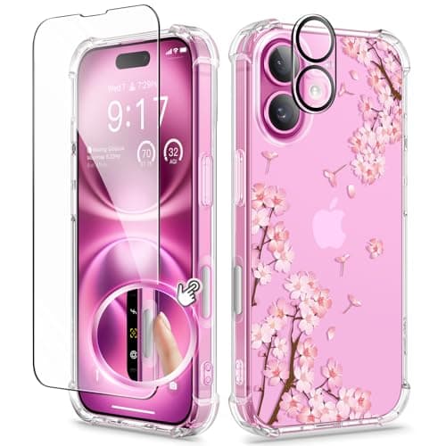 GVIEWIN for iPhone 16 Case, with Screen Protector & Camera Lens Protector, Floral Shockproof Protective Bumper Slim Soft Clear Phone Cover for Women 2024 6.1" (Sakura/Pink) - Image 1