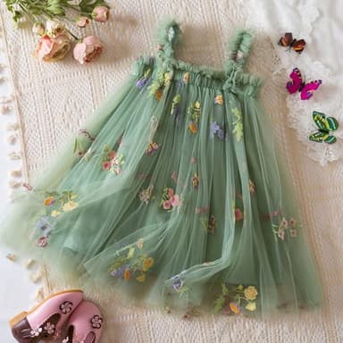 Nileafes Baby Girl Casual Tutu Dress Strap Tulle Flower Butterflies Embroidery Princess Dresses Size 80 (6-12 Months, 107-Green) - Image 2