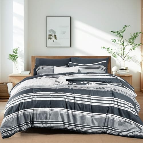 PHF 7 Pieces King Comforter Set, Striped Bed in A Bag, Charcoal Grey Stripe Bedding & 18" Deep Pocket All Season, Ultra Soft Bedding Sets with Comforter, Sheets, Pillowcases & Shams - Image 1