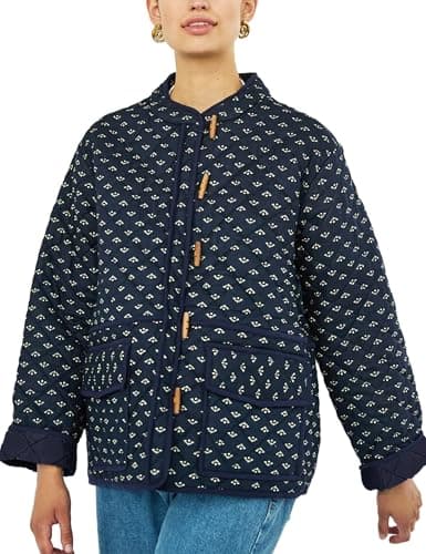 Dqbeng Womens Quilted Jacket Lightweight Floral Print Button Down Padded Puffer Cardigan Coat Outwear (Navy-L) - Image 1