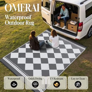 OMERAI Reversible Waterproof Outdoor Rug for Backyard,Plastic Textured Resistant Outdoors Rugs,Portable Washable Easy Cleaning Foldable Camping Beach Carpet for Patio Courtyard, 5'x8' Gray & White - Image 2