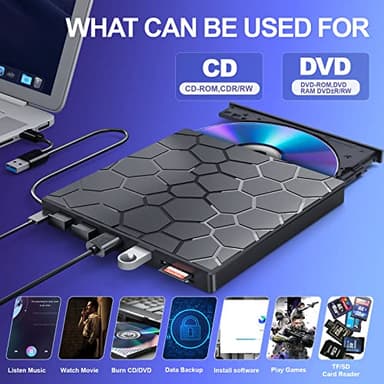 External CD/DVD Drive for Laptop, DVD Player for Laptop, 8 in 1 USB 3.0 Ultra-Slim Portable, CD Burner External Disk Drive Optical Compatible with Desktop Mac,Windows 11/10/8/7 Linux - Image 2