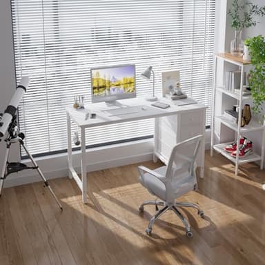 Lufeiya White Computer Desk with Fabric Drawers, 47 Inch Reversible Study Work Writing Desk for Home Office Bedroom, Simple Modern Cute PC Desks with Drawer, White - Image 2