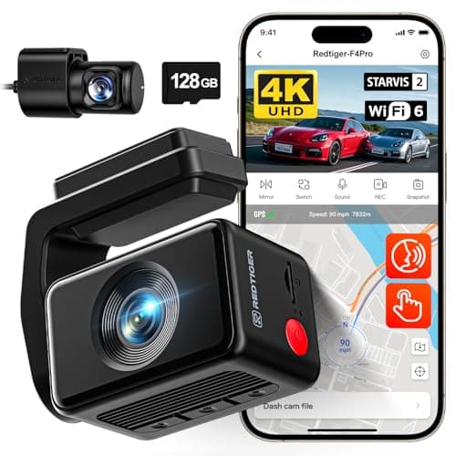 REDTIGER F4 Pro 4K Dash Cam Front and Rear, STARVIS 2 Sensor, 128GB Card Included, Built-in 5.8GHz WiFi6, 2.2inch Touch Screen Dash Camera for Cars, Voice Control, 24H Parking Mode - Image 1