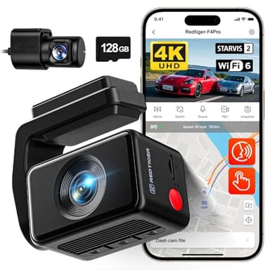 REDTIGER F4 Pro 4K Dash Cam Front and Rear, STARVIS 2 Sensor, 128GB Card Included, Built-in 5.8GHz WiFi6, 2.2inch Touch Screen Dash Camera for Cars, Voice Control, 24H Parking Mode - Image 1