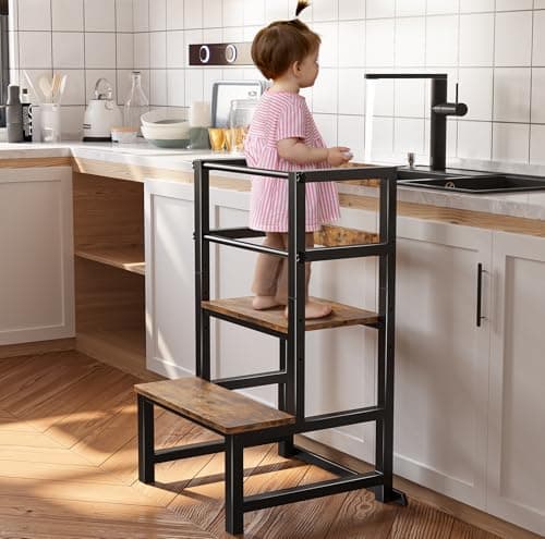INNOD Kitchen Step Stool for Toddlers, Height Adjustable Toddler Tower with Safety Rail, Steel and Wood Toddler Kitchen Stool Helper Kids, Stool for Kids, Learning Tower, Kids' Desk Brown - Image 1