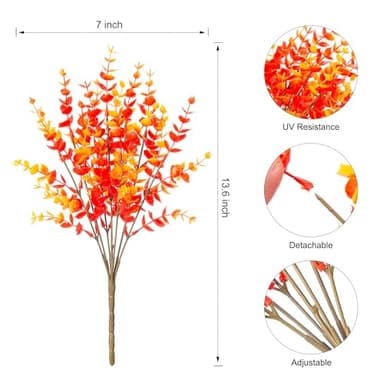 Artificial Fake Fall Autumn Eucalyptus Plants Flowers for Outdoor Outside Decoration, Faux Silk Orange Boxwood Look Real UV Resistant for Home Porch Patio Planter Decor，12 Bundles - Image 5