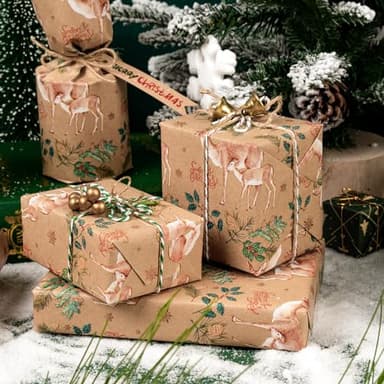 WRAPAHOLIC Kraft Christmas Wrapping Paper - Mini Roll - 17 Inch x 33 Feet - Reindeer Wrapping Paper with Holly Design for Christmas, Holiday, Party Celebration - Image 4
