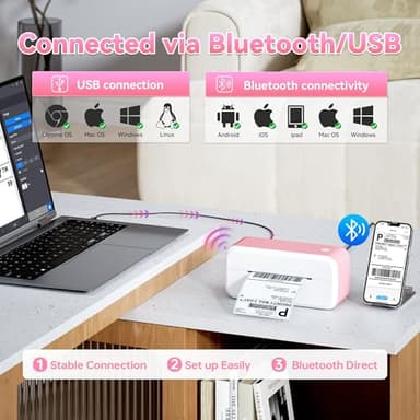 Bluetooth Shipping Label Printer, 4x6 Thermal Label Printer for Shipping Packages & Small Business, Compatible with IOS, Android, Windows and Mac, Widely Used for Ebay, Shopify, Amazon, Etsy (Pink) - Image 2
