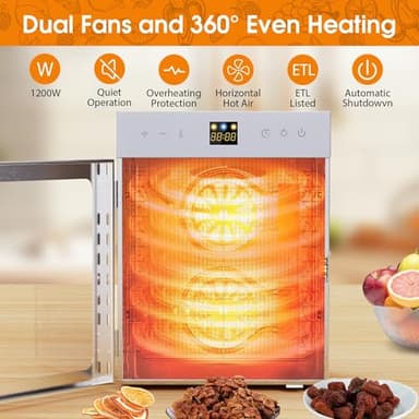 Food Dehydrator for Jerky, 12 Stainless Steel Trays, 1200W Fruit Dehydrator, 24H Timer and 190°F Temperature Control, Overheat Protection, Food Dryer for Jerky, Herbs, Fruit, Dog Treats - Image 3