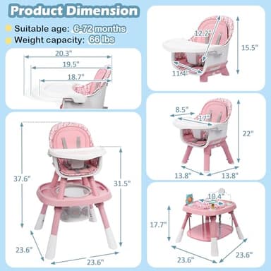 Xilingol 15-in-1 Convertible High Chair, 2-in-1 Baby Highchair & Activity Center W/Toys, Booster Seat | Building Block Table | Toddler Chair W/Removable Tray & 5-Point Harness & 2-Layer Cushion - Image 9