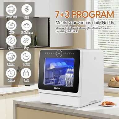 SEAGTOM Portable Dishwashers for Camping and Home with 5l Water Tank, Hose, LED Light, 10 Wash Programs, Baby Care Mode, Dual Water Supply and 1h Hot Air Drying - Image 4